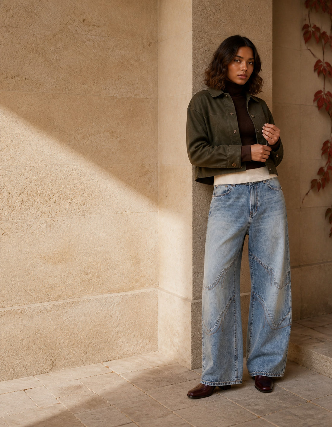Most wanted — olive utility jacket, baggy denim and burgundy ankle boots