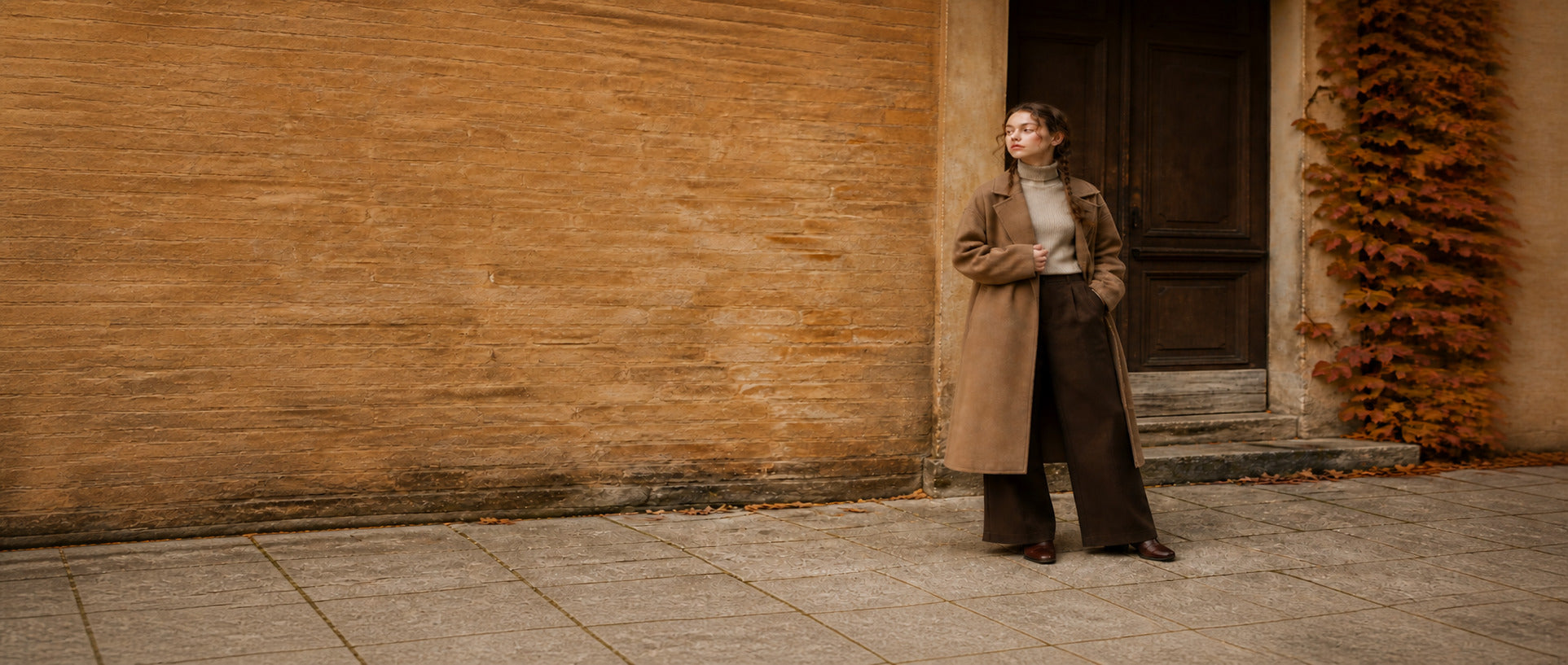 End of season sale — camel wool coat, cream turtleneck and chocolate wide-leg trousers