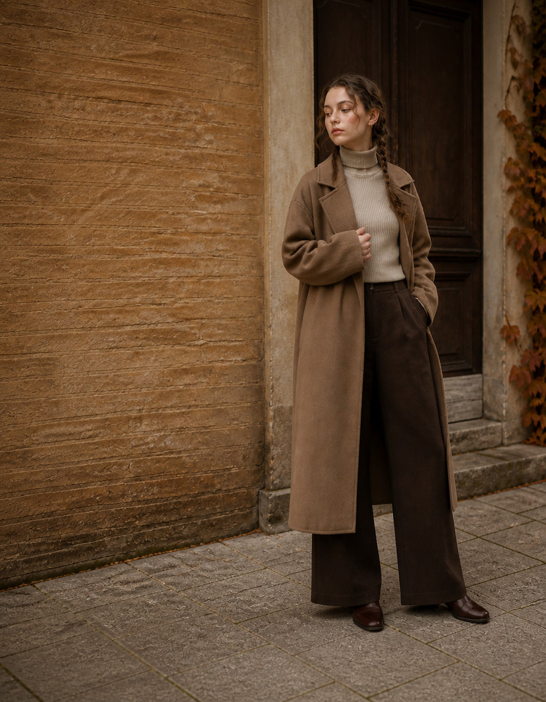 End of season sale — camel wool coat, cream turtleneck and chocolate wide-leg trousers