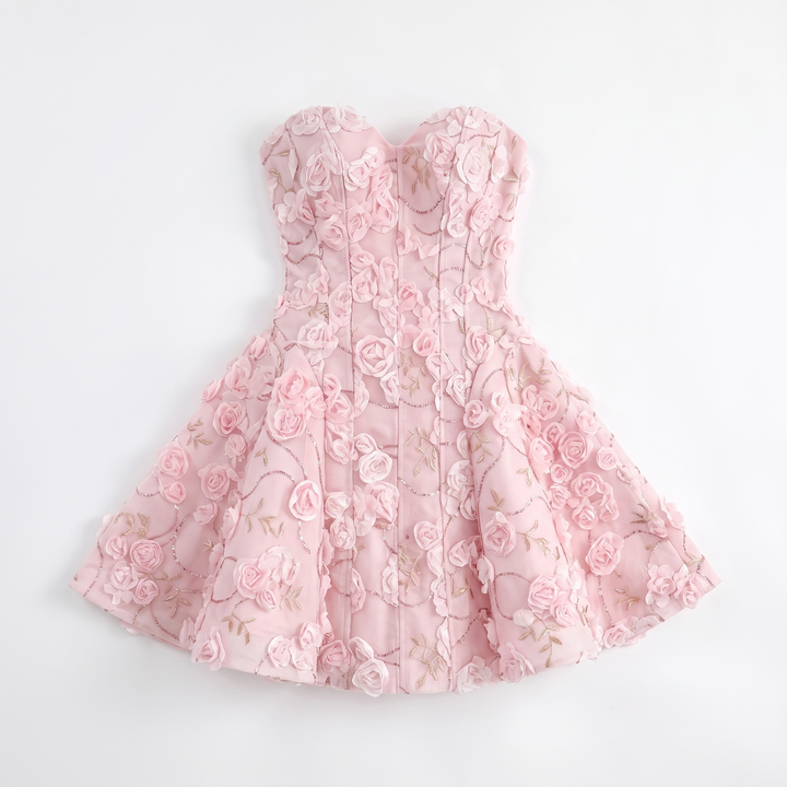 Sunoire sweet sexy 3d flower patchwork mini dress fashion strapless sleeveless a line cocktail party gown womens vestidos garment flatlay 01