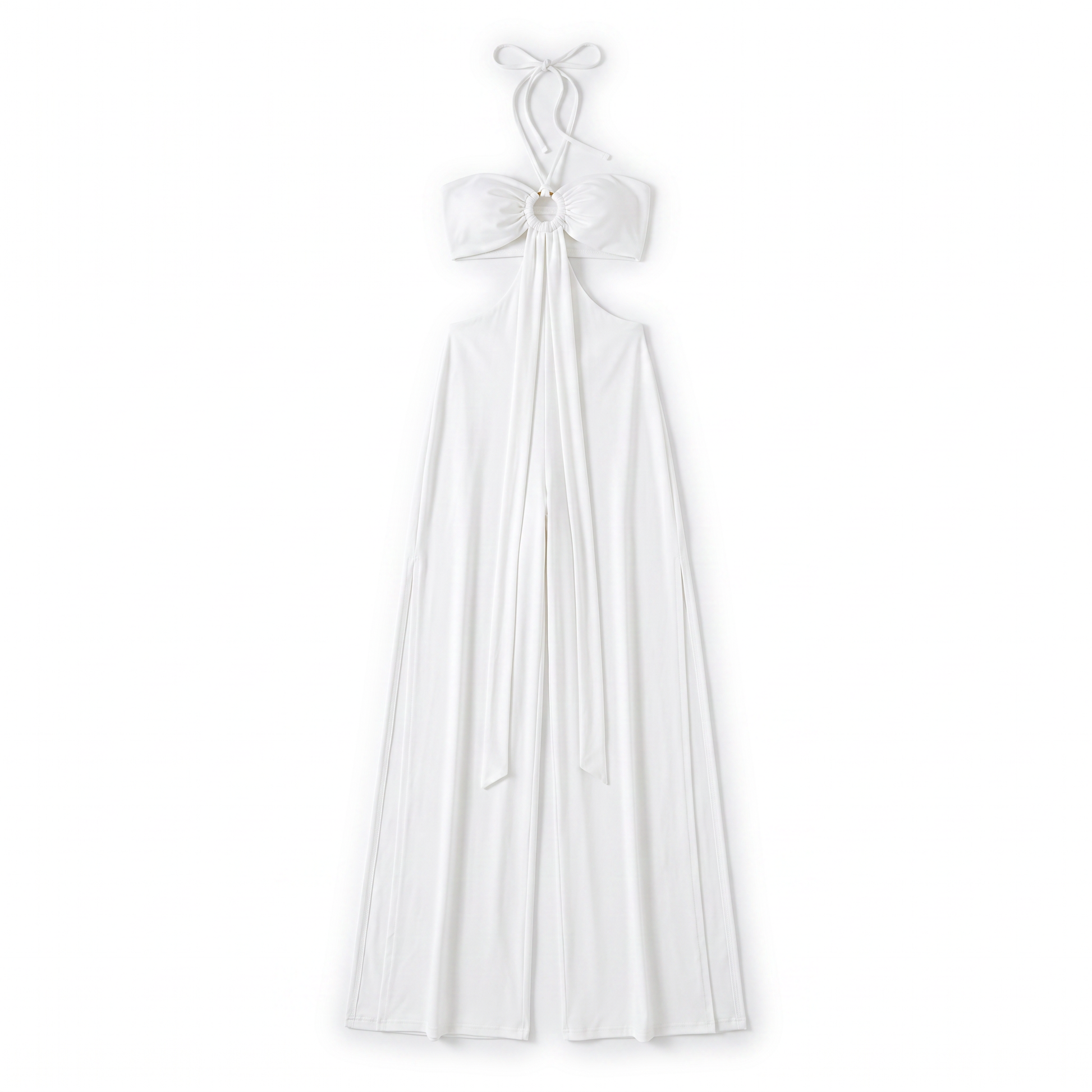 Sunoire tareth halterneck cutout jumpsuit 2 mannequin white flatlay 01