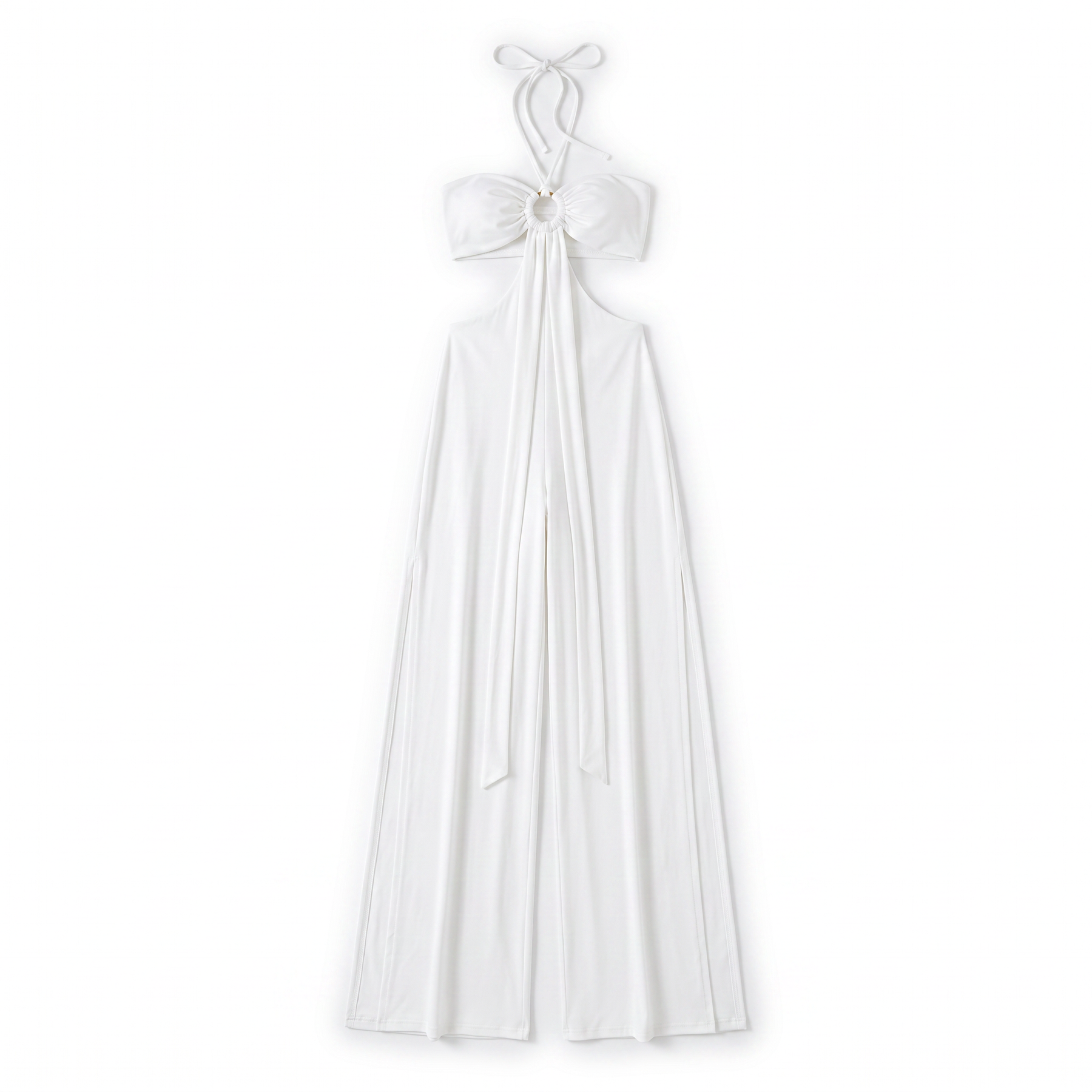 Sunoire tareth halterneck cutout jumpsuit 2 mannequin white flatlay 01