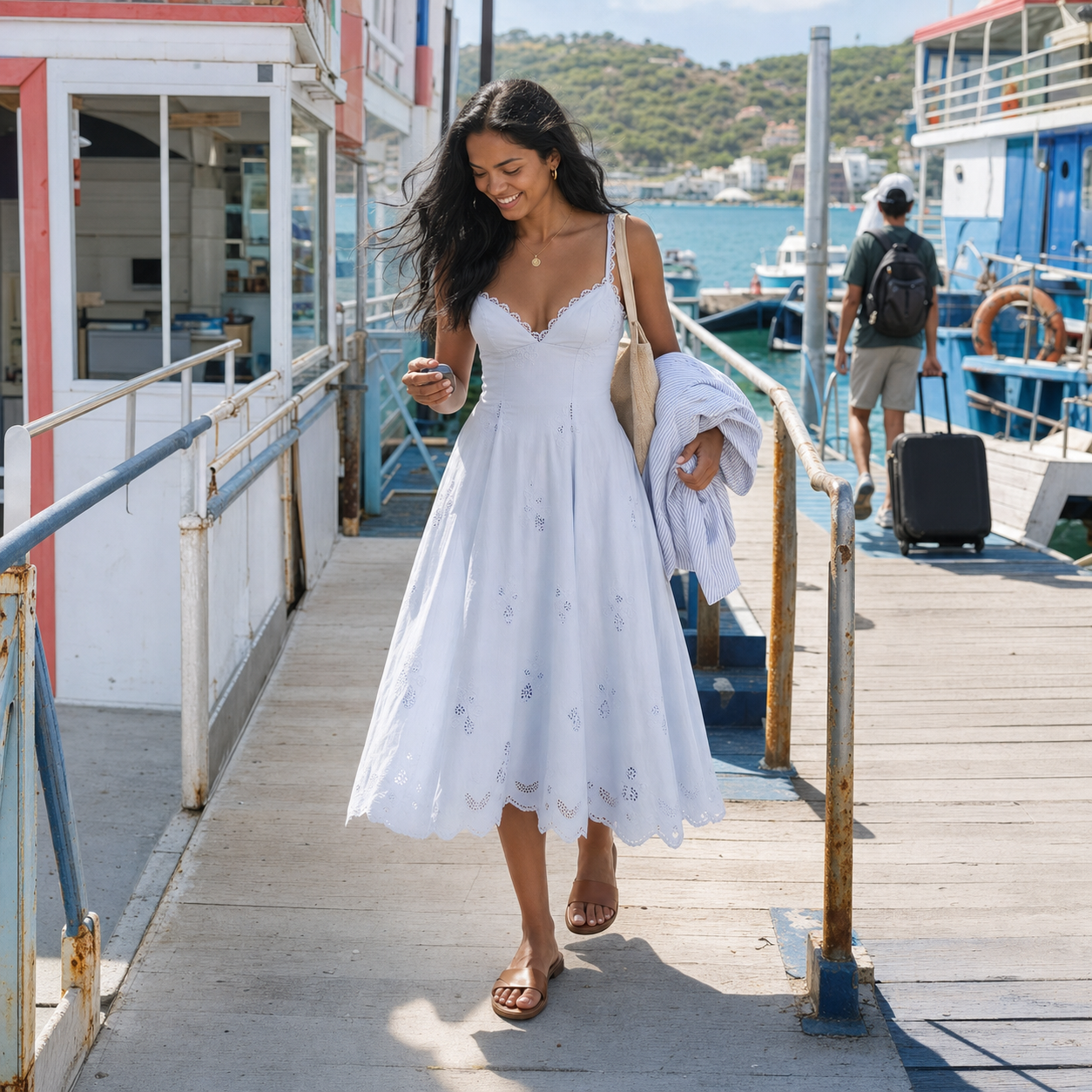 Eyelet Scalloped Sweetheart Midi Dress – Blue Summer Sundress — lifestyle photo