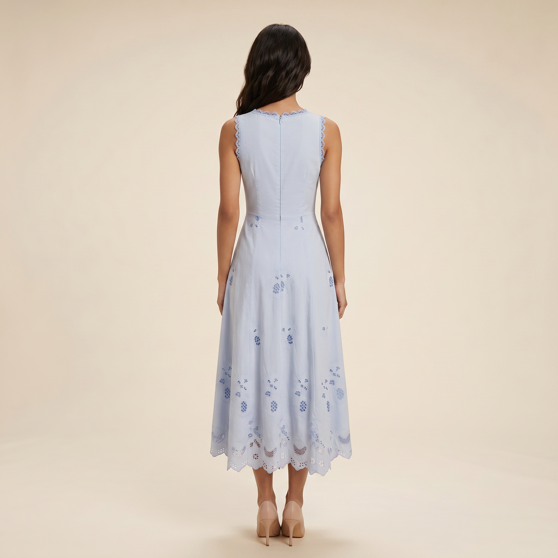 Sunoire tatiana bluebell lace cotton broderie anglais midi sundress back view 01