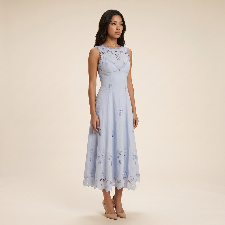 Sunoire tatiana bluebell lace cotton broderie anglais midi sundress three quarter 01