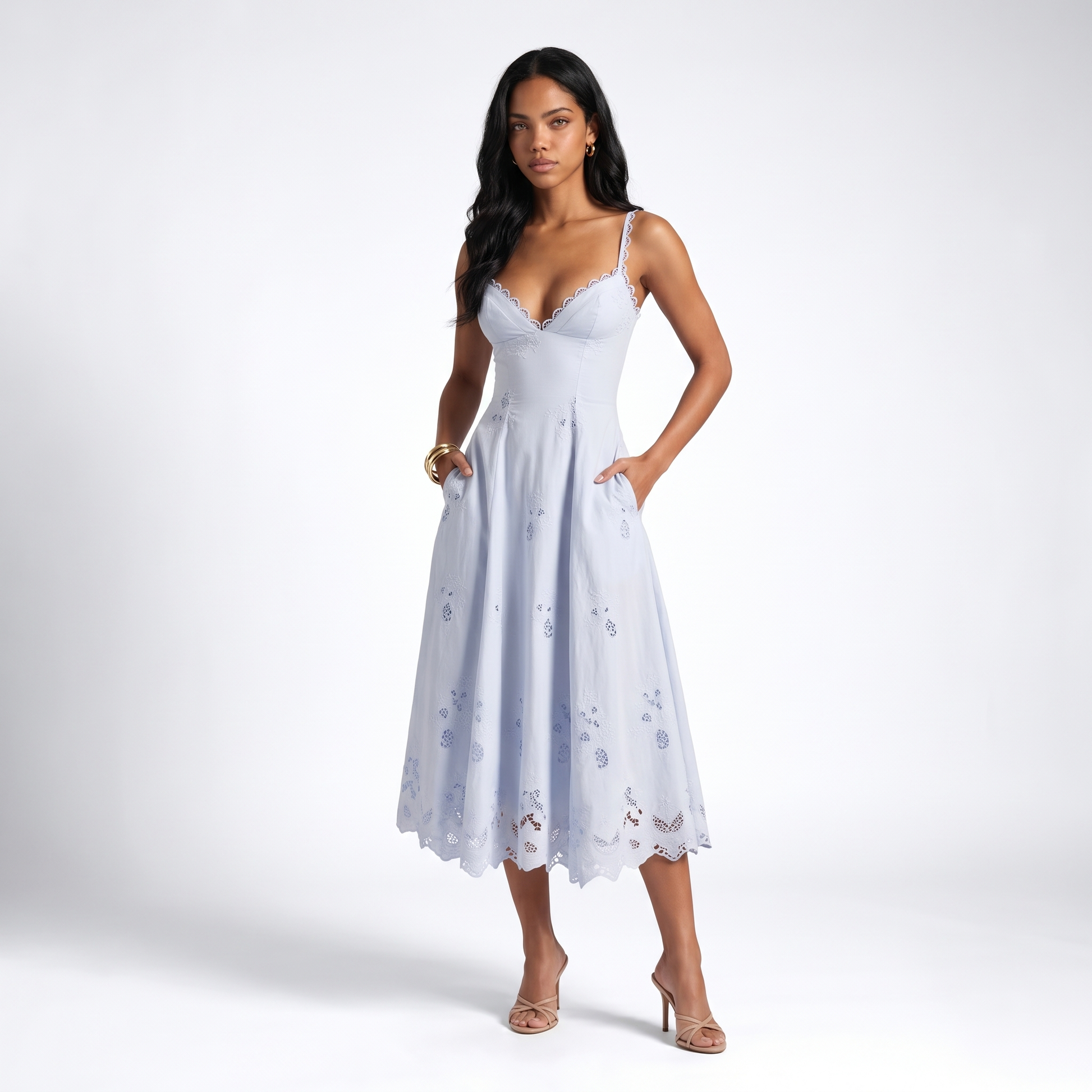 Eyelet Scalloped Sweetheart Midi Dress – Blue Summer Sundress for Wome – Sunoire