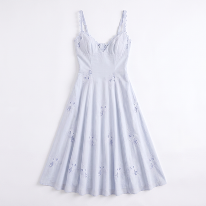 Sunoire tatiana bluebell lace cotton midi sundress garment flatlay 01