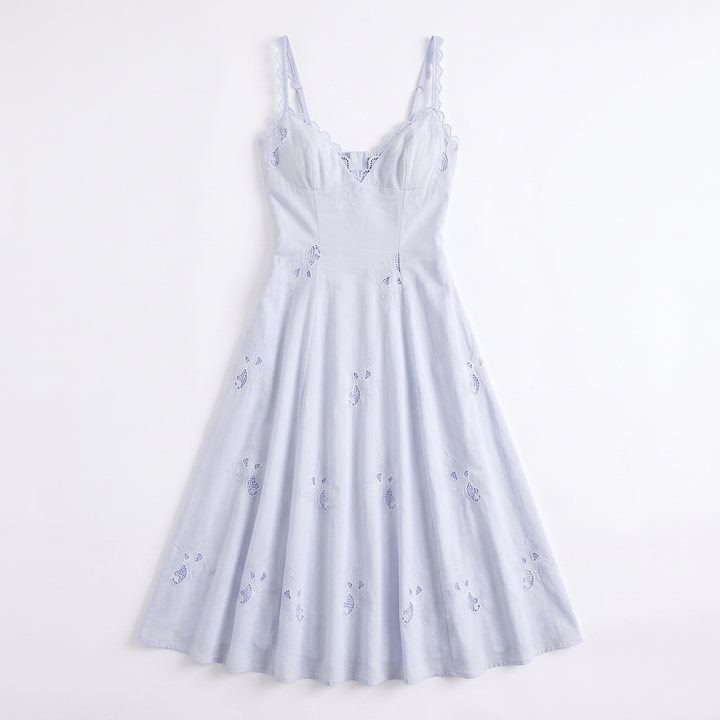 Sunoire tatiana bluebell lace cotton midi sundress garment flatlay 01