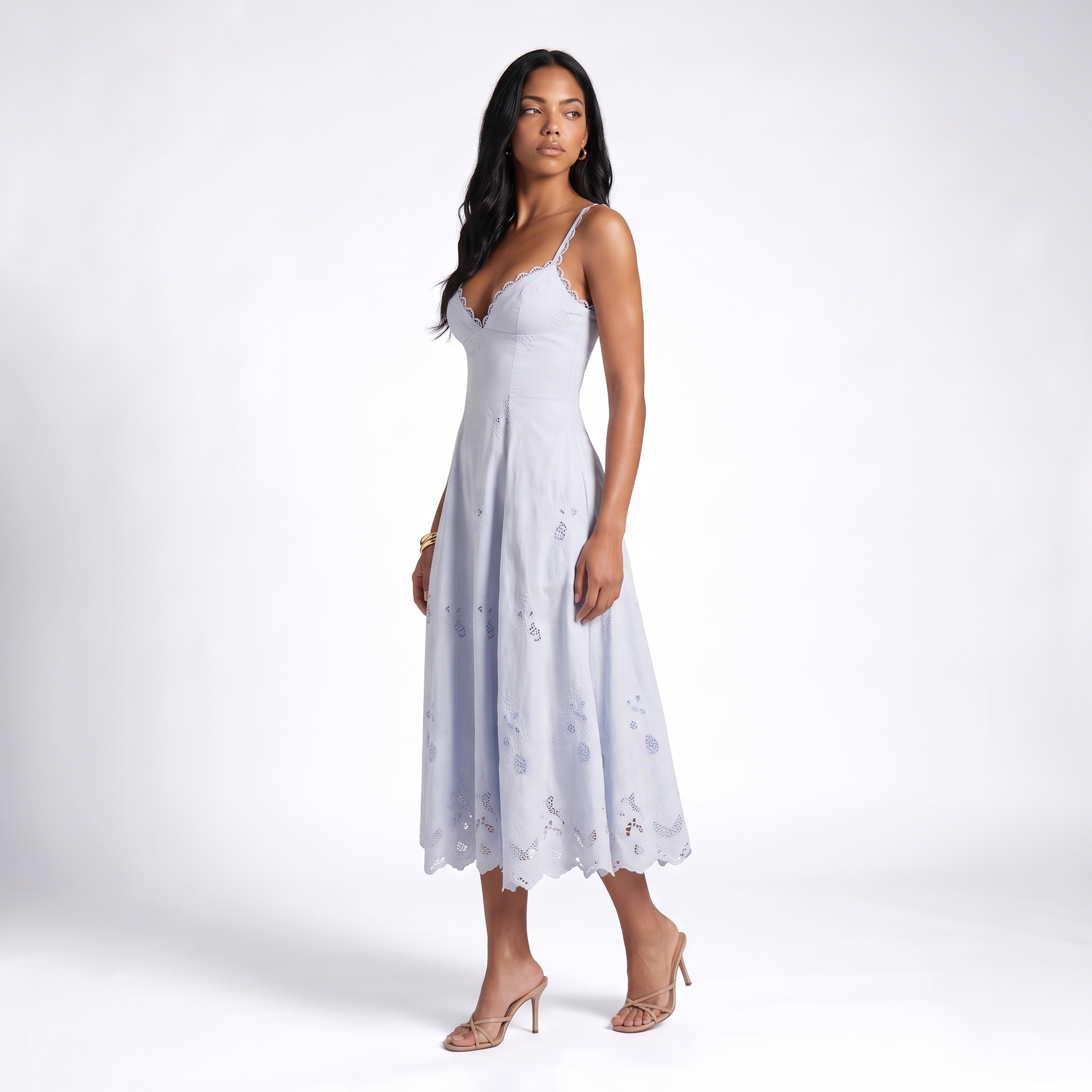 Eyelet Scalloped Sweetheart Midi Dress – Blue Summer Sundress for Wome – Sunoire