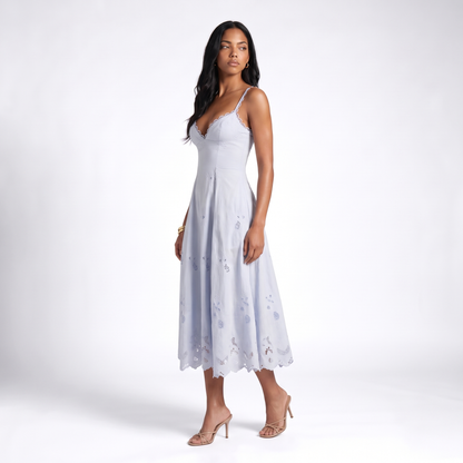 Sunoire tatiana bluebell lace cotton midi sundress three quarter 01