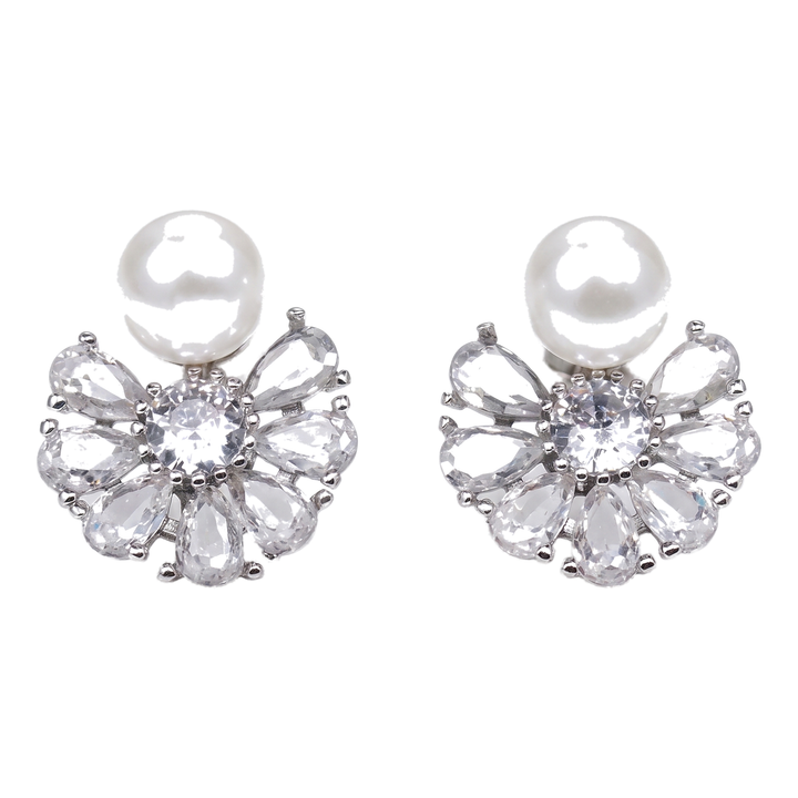 Sunoire luxury trendy geometric pear cut zircon stud earrings for women bridal gift jewelry wholesale 01 flatlay white pearl