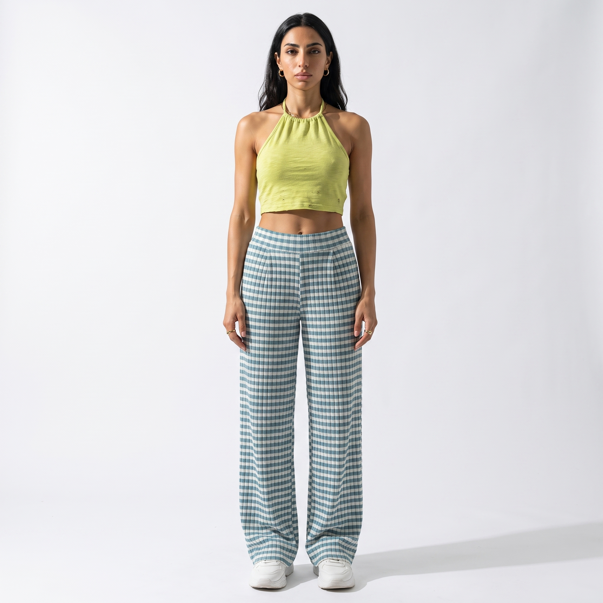 Sunoire teal gingham pleated wide leg pants front hero 01