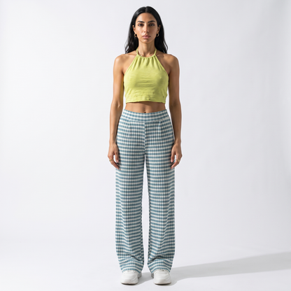 Sunoire teal gingham pleated wide leg pants front hero 01