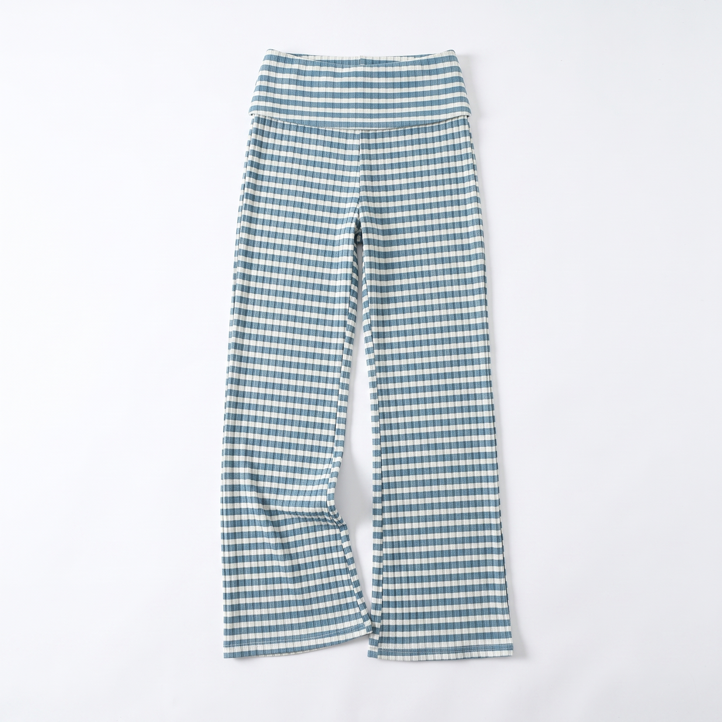 Sunoire teal gingham pleated wide leg pants garment flatlay 01