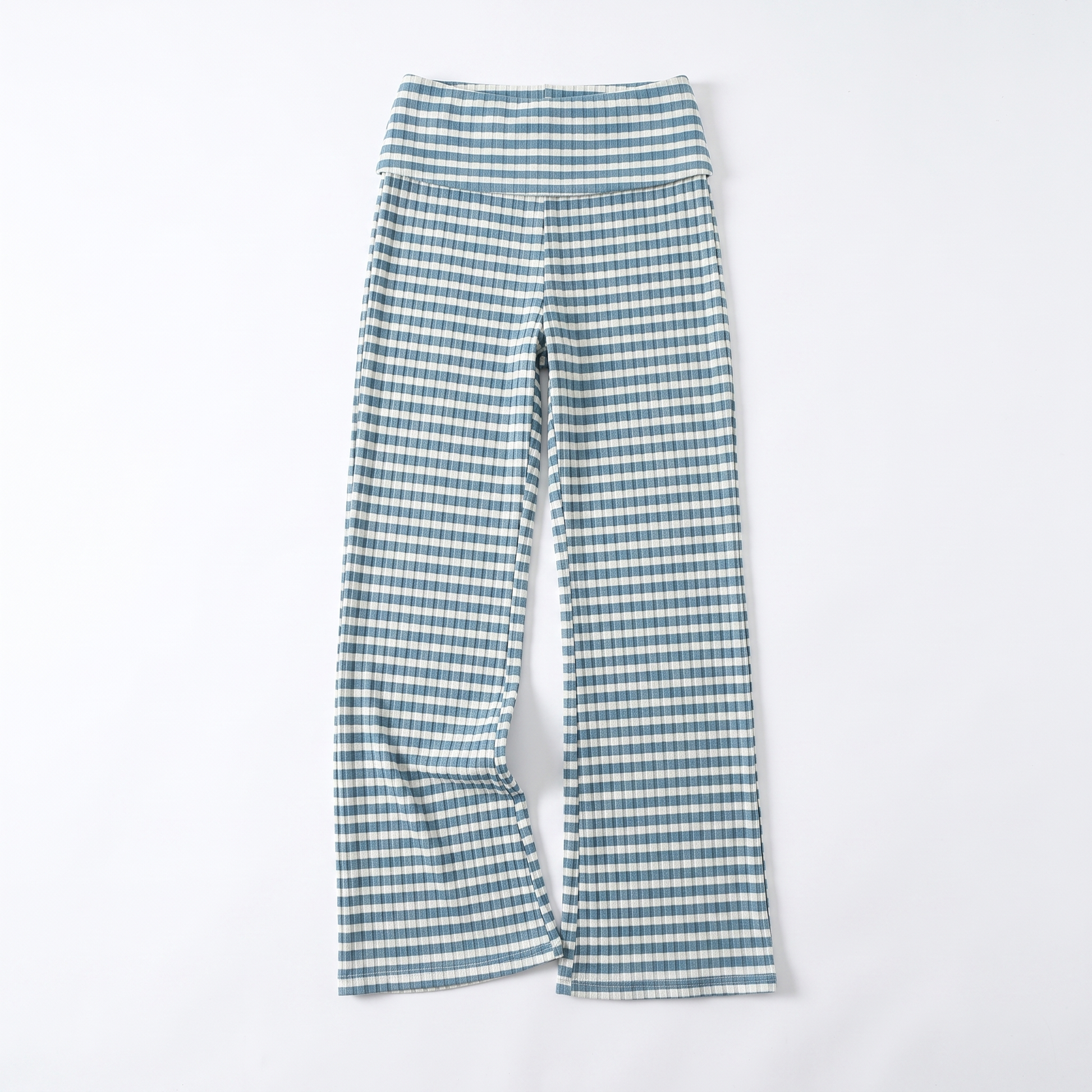 Sunoire teal gingham pleated wide leg pants garment flatlay 01