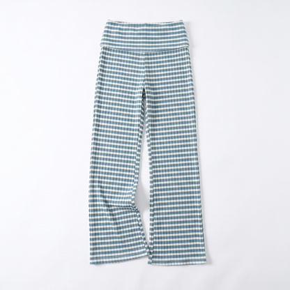 Sunoire teal gingham pleated wide leg pants garment flatlay 01
