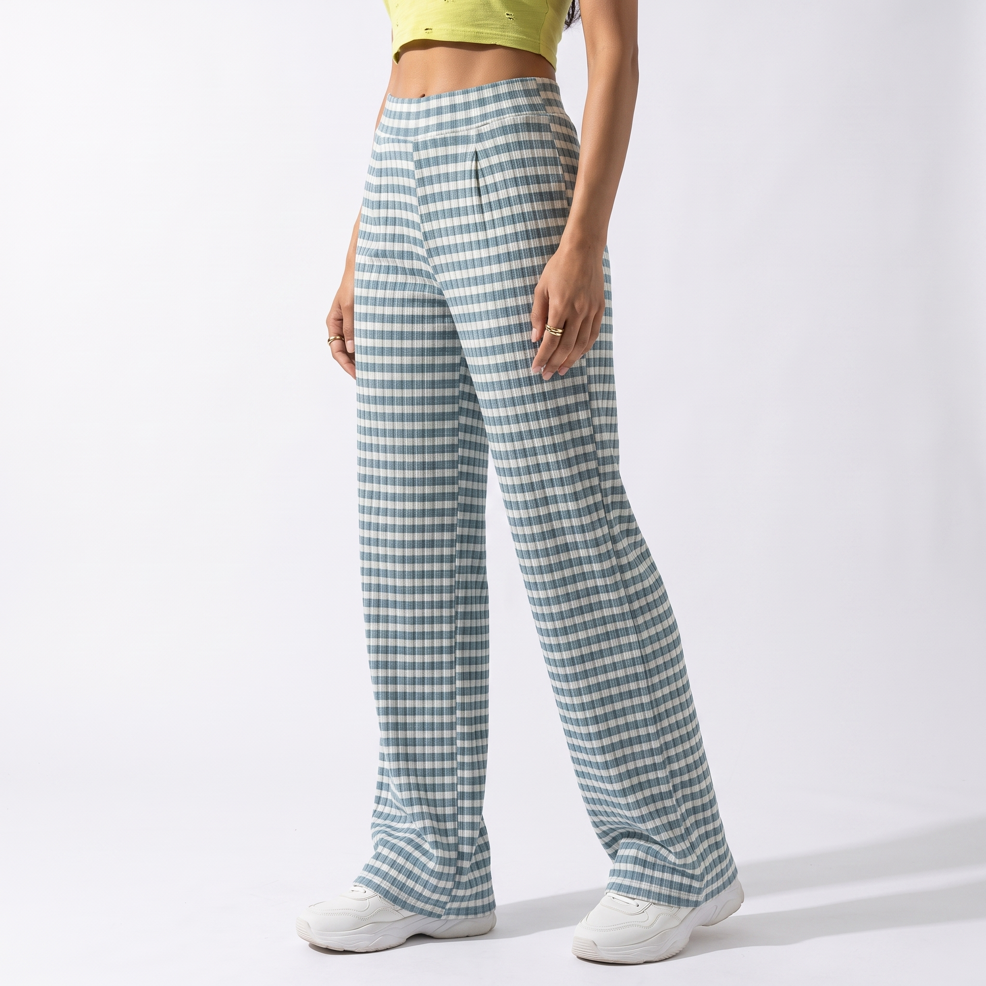 Sunoire teal gingham pleated wide leg pants bottom crop 3q 01