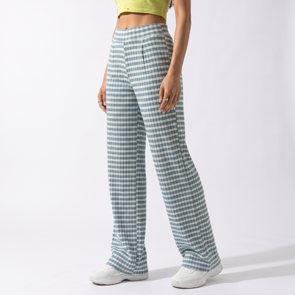 Sunoire teal gingham pleated wide leg pants bottom crop 3q 01
