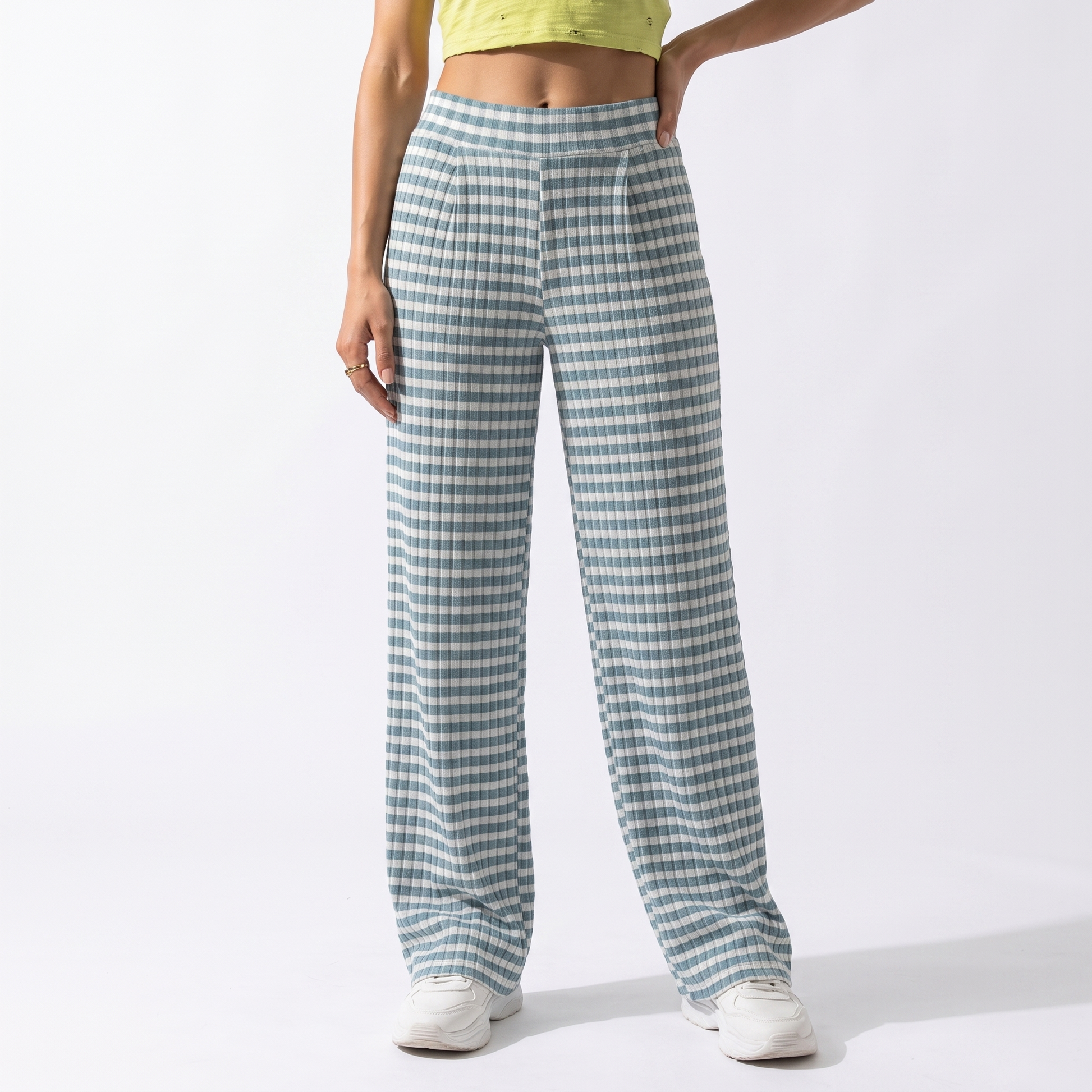 Sunoire teal gingham pleated wide leg pants bottom front crop 01