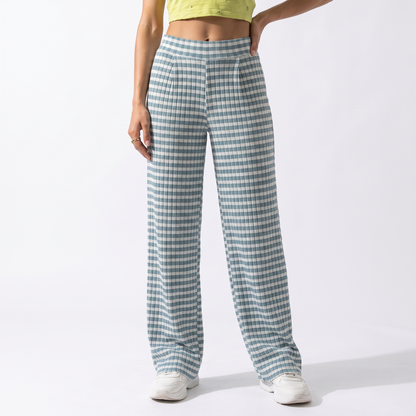 Sunoire teal gingham pleated wide leg pants bottom front crop 01
