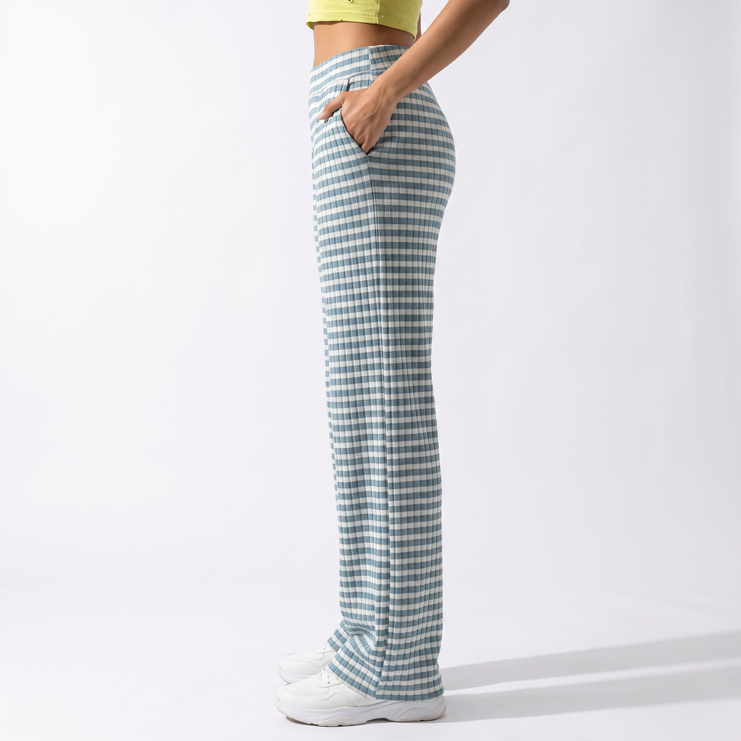 Sunoire teal gingham pleated wide leg pants bottom side crop 01