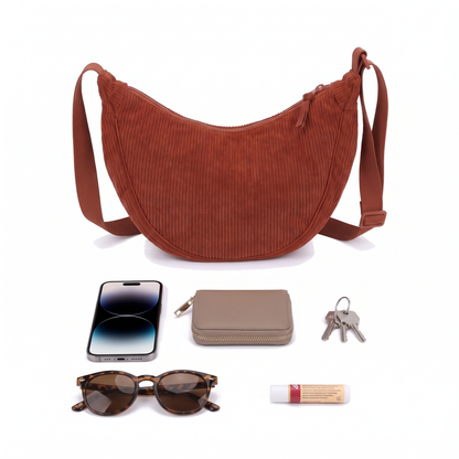 Corduroy Crescent Crossbody Bag, what fits inside