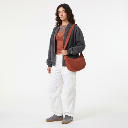 Corduroy Crescent Crossbody Bag, worn by a model