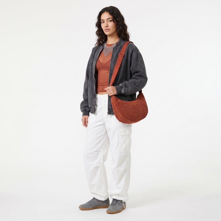Corduroy Crescent Crossbody Bag, worn by a model