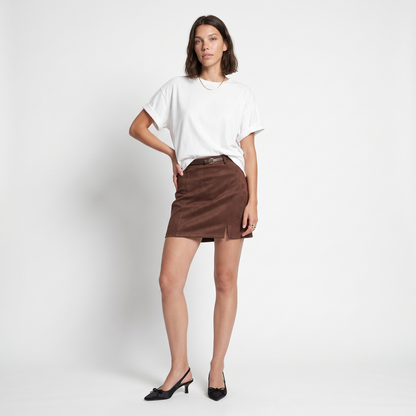 Sunoire the cocoa suede mini skirt front hero 01