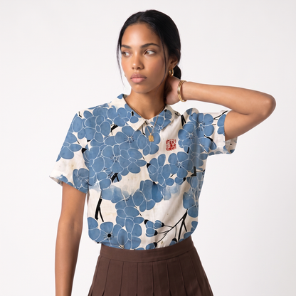 Linen Short Sleeve Floral Collared Blouse in Cobalt Blossom colorway