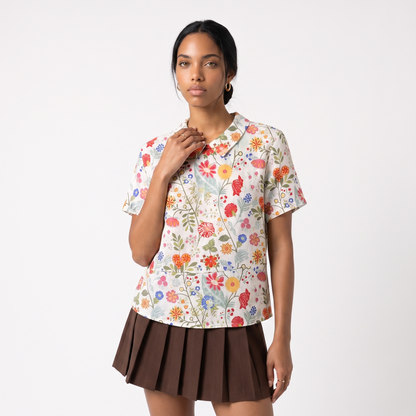 Linen Short Sleeve Floral Collared Blouse in Painterly Bloom colorway