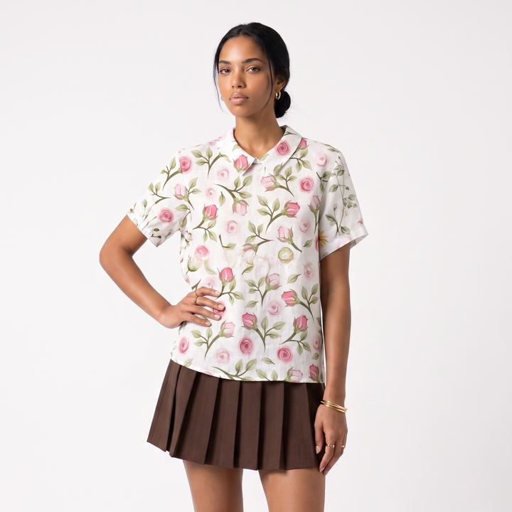 Linen Short Sleeve Floral Collared Blouse in Pink Rosebud colorway