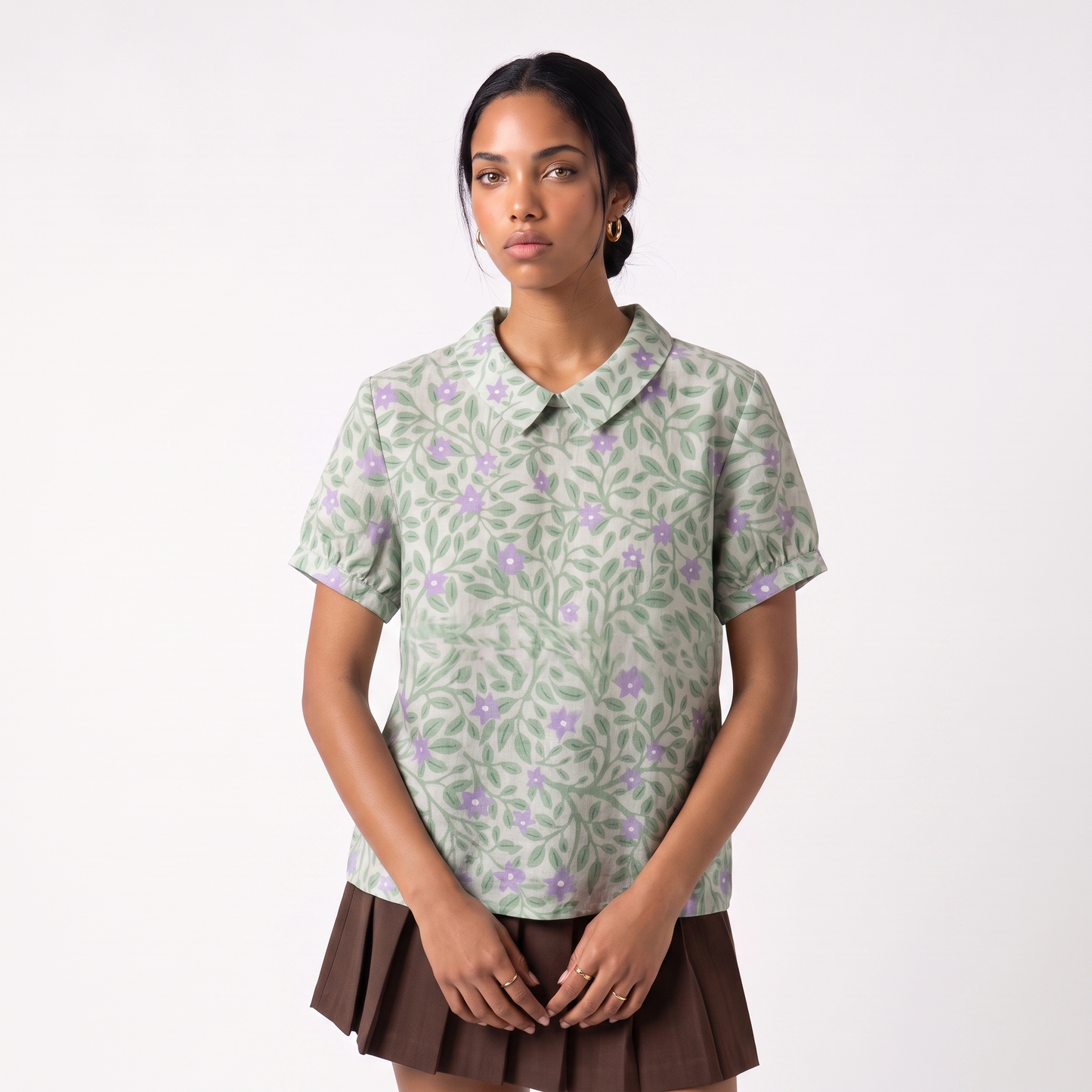 Linen Short Sleeve Floral Collared Blouse in Sage Star Vine colorway