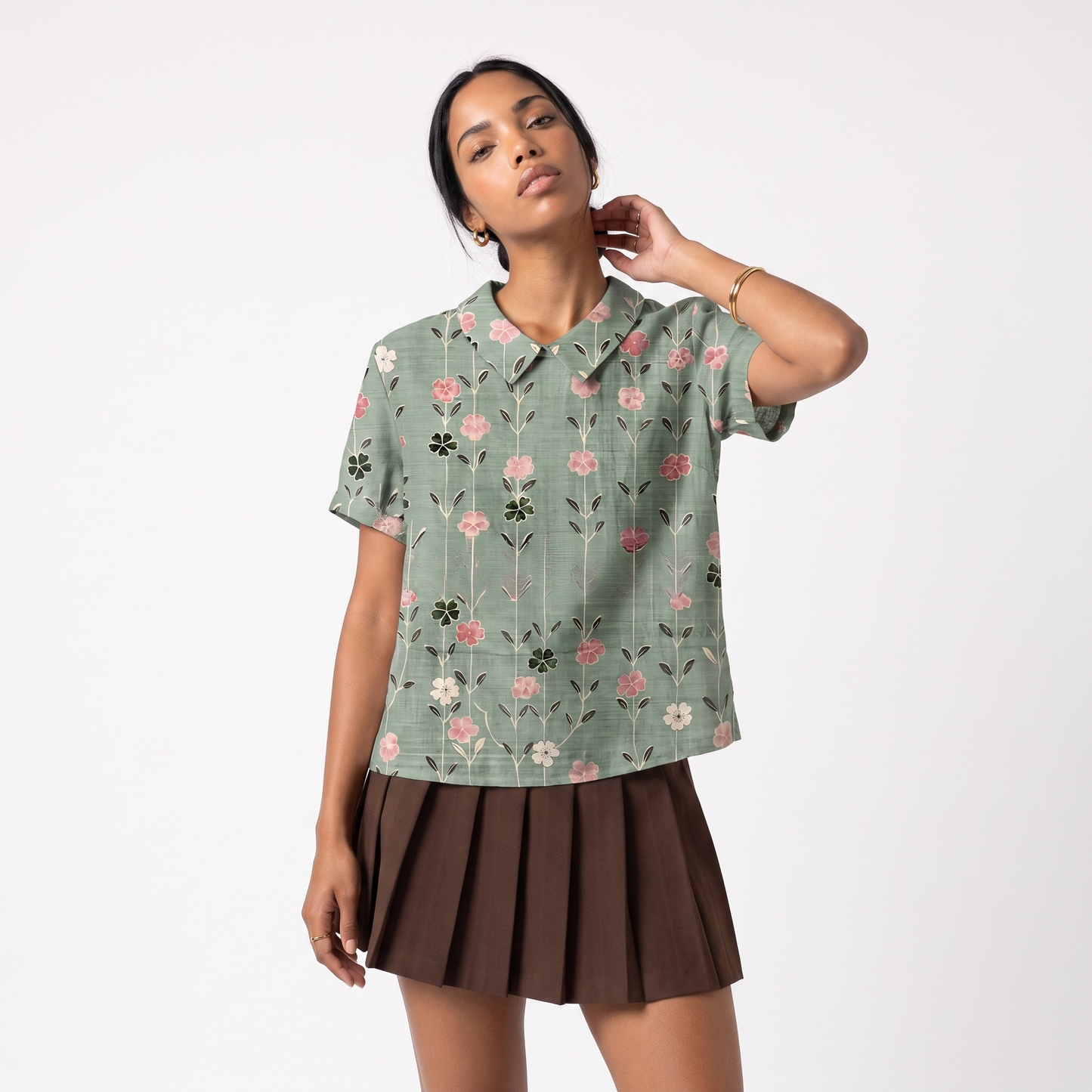 Linen Short Sleeve Floral Collared Blouse in Sage Vine Rose colorway
