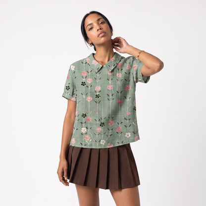 Linen Short Sleeve Floral Collared Blouse in Sage Vine Rose colorway
