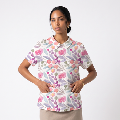 Linen Short Sleeve Floral Collared Blouse in Watercolor Tulip colorway