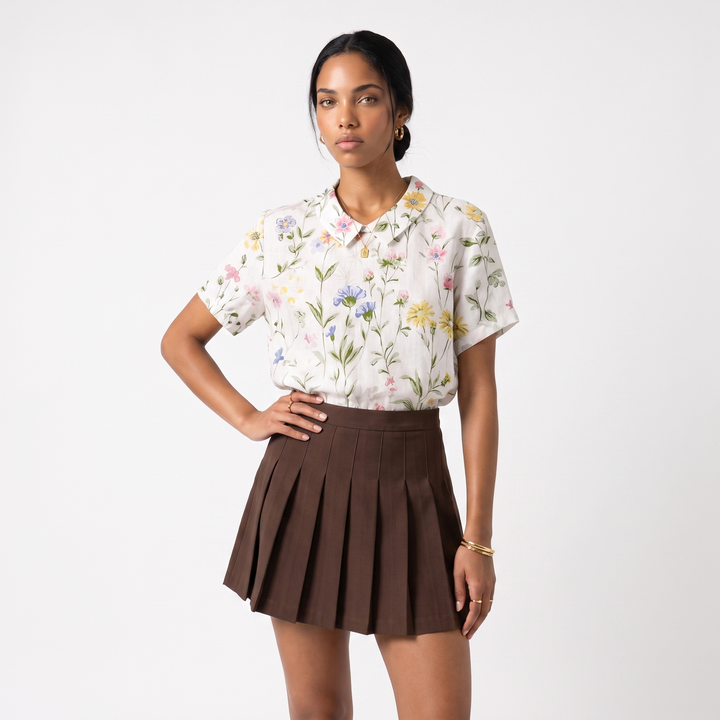 Linen Short Sleeve Floral Collared Blouse in Wildflower colorway