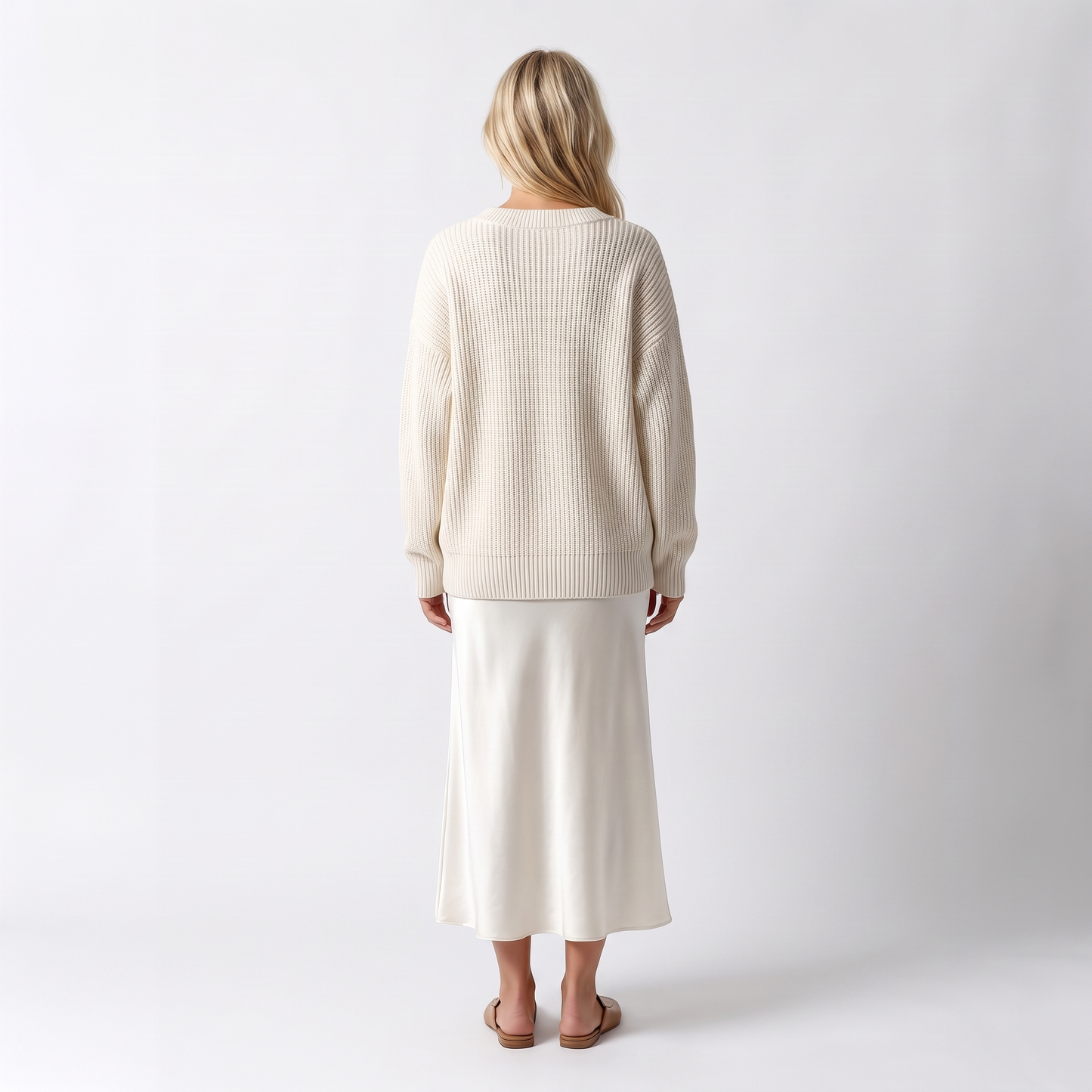 Sunoire theodora silk knit satin midi skirt two piece set back view 01