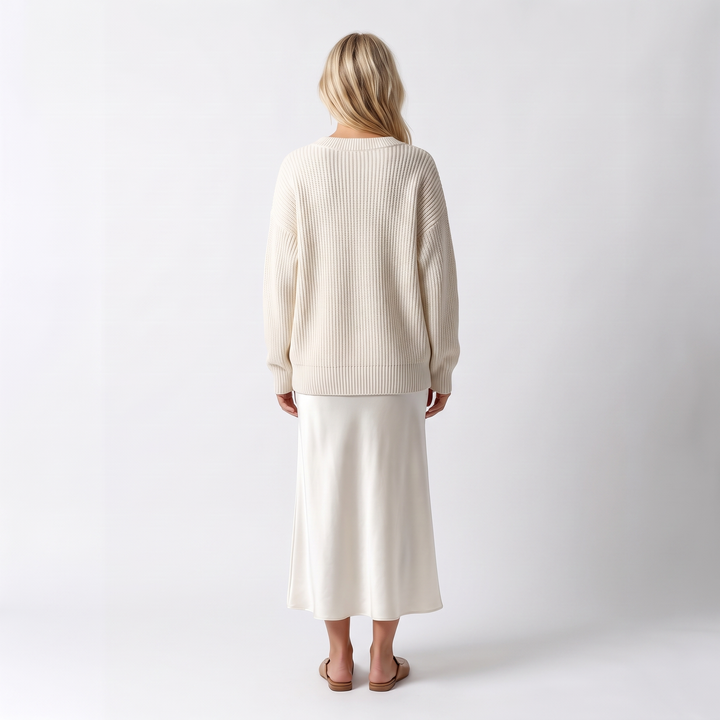 Sunoire theodora silk knit satin midi skirt two piece set back view 01