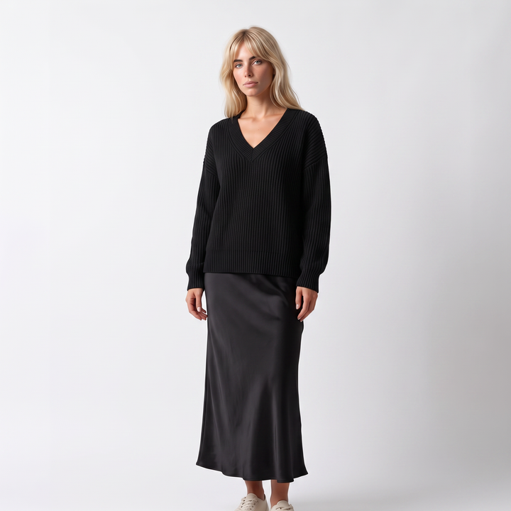Women's Ribbed Knit Sweater & Satin Slip Skirt Two-Piece Set – Ivory — Black