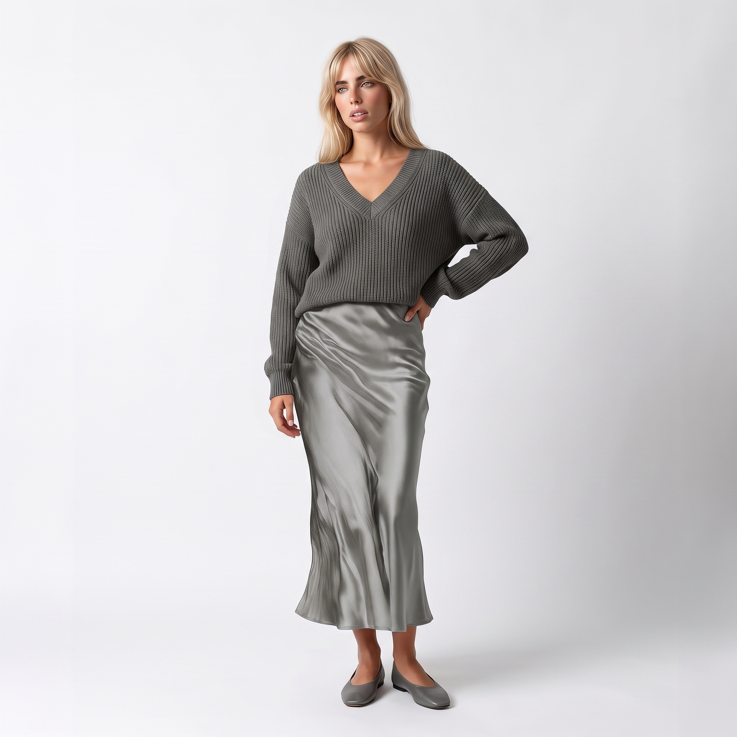 Sunoire theodora silk knit satin midi skirt two piece set colorway grey front hero 01