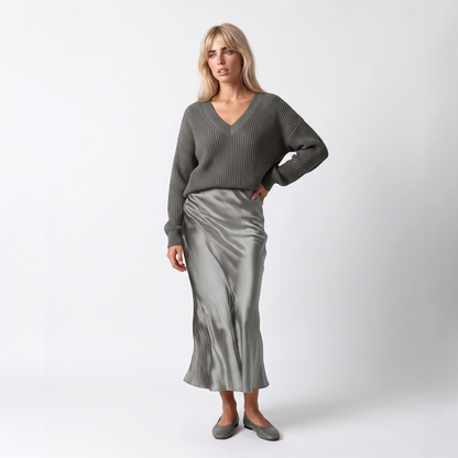 Sunoire theodora silk knit satin midi skirt two piece set colorway grey front hero 01