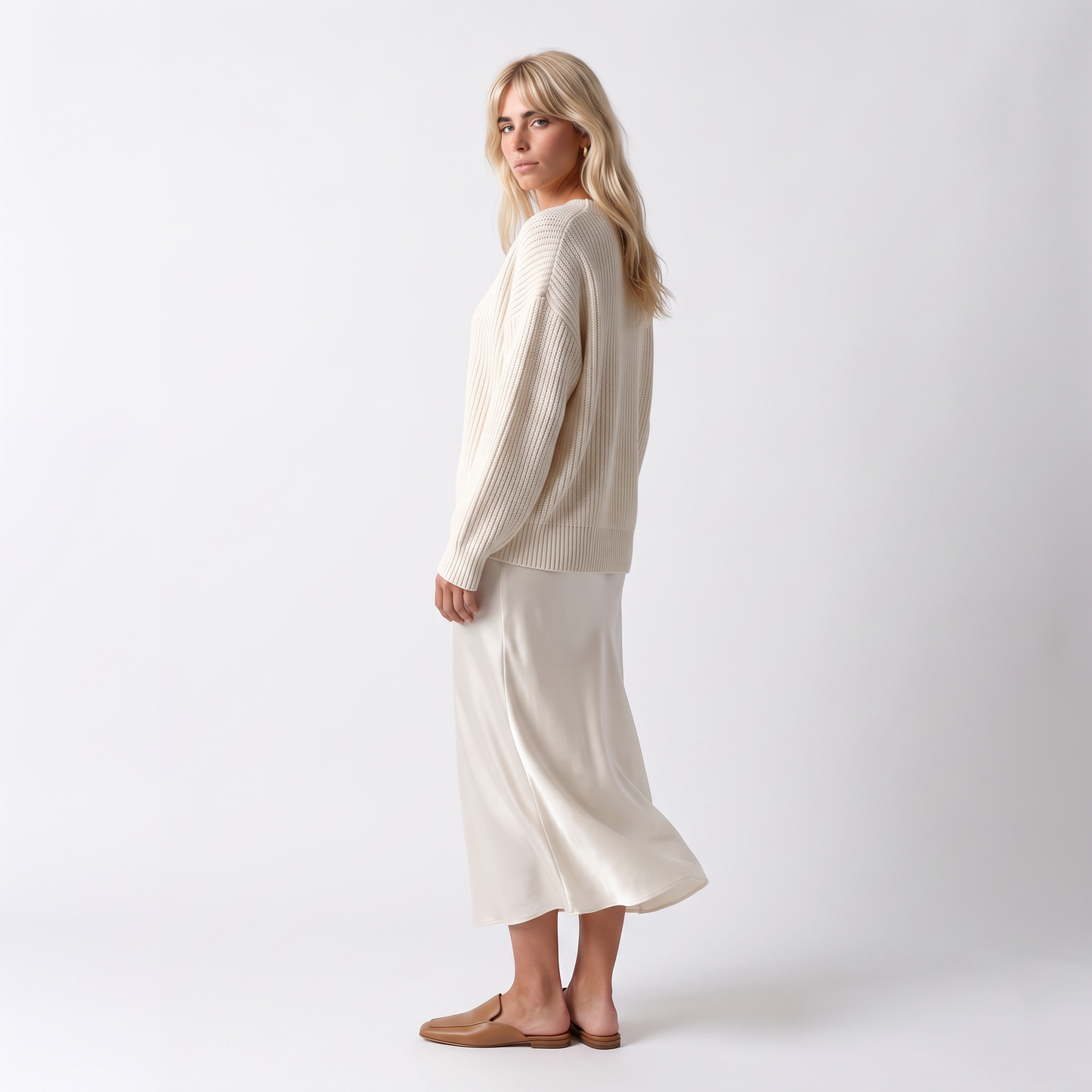 Sunoire theodora silk knit satin midi skirt two piece set three quarter 01