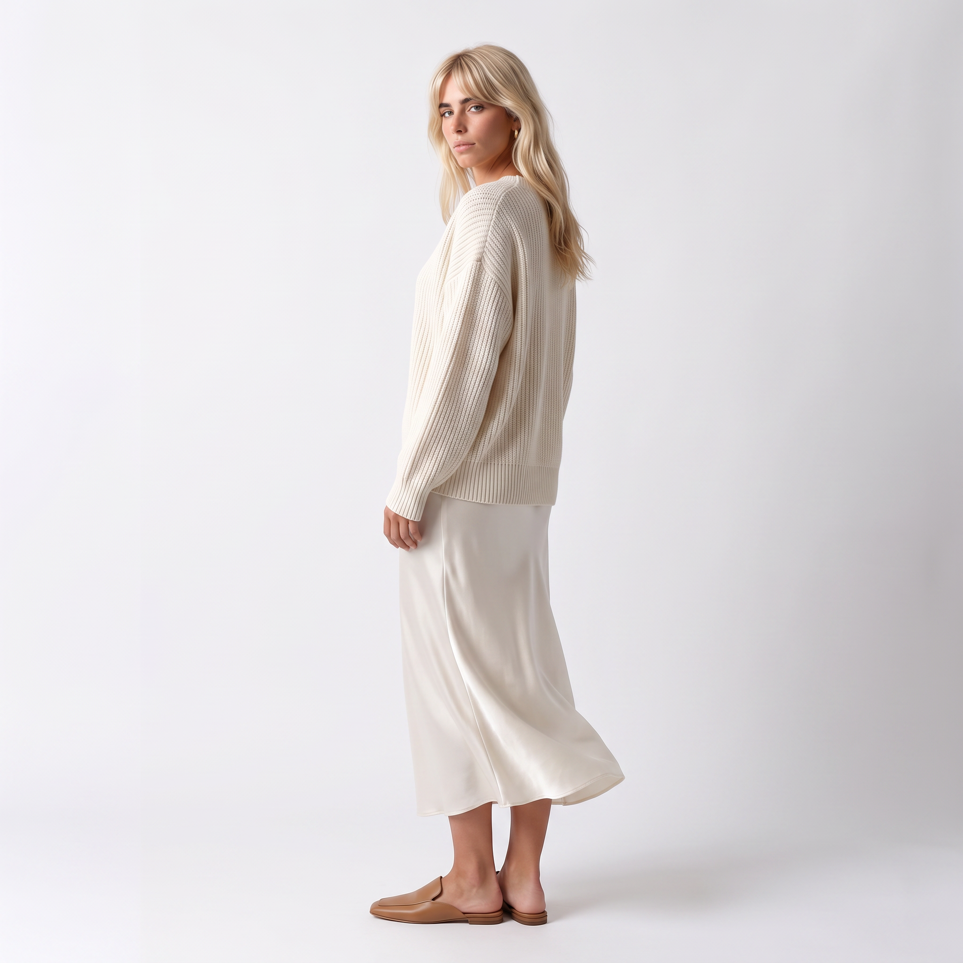 Sunoire theodora silk knit satin midi skirt two piece set three quarter 01