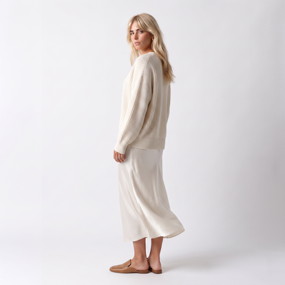 Sunoire theodora silk knit satin midi skirt two piece set three quarter 01