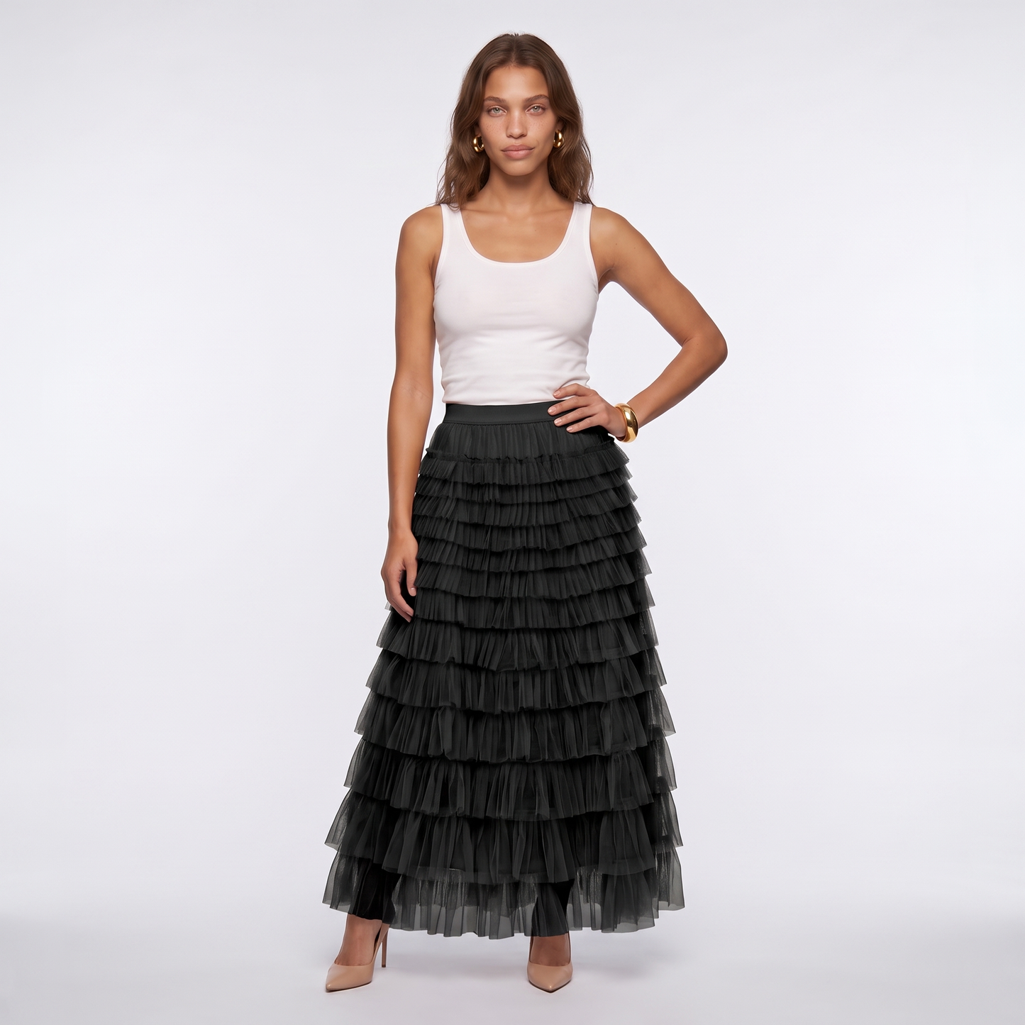 Sunoire theresa layered tulle midi skirt colorway black front hero 01