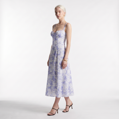 Sunoire vintage corset midi sundress women s natural waist sleeveless halter neck floral fit flare silhouette casual summer dress three quarter 01