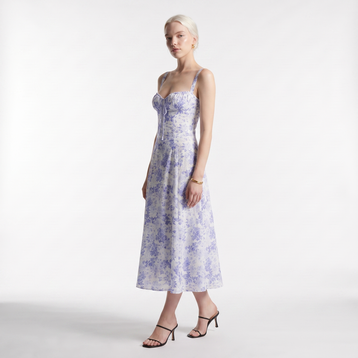 Sunoire vintage corset midi sundress women s natural waist sleeveless halter neck floral fit flare silhouette casual summer dress three quarter 01
