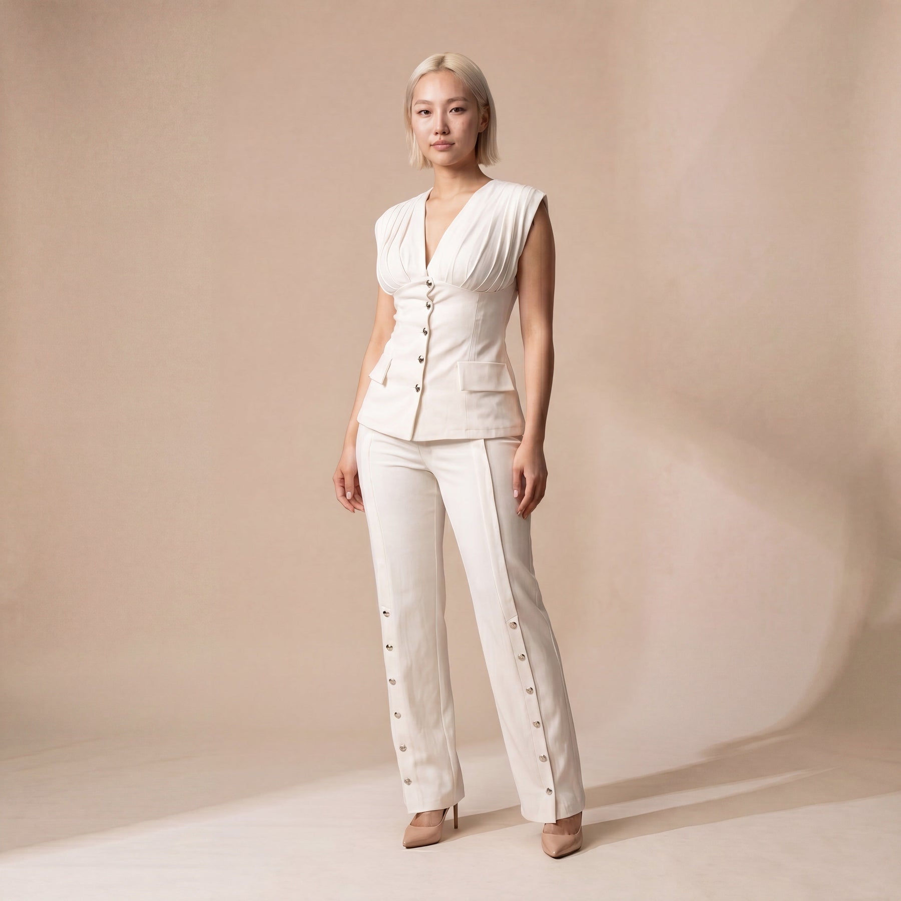 Sunoire 2 pieces outfit deep v neck sleeveless ruched button front flap detail backless cinched waist top and button decor seam front wide leg pants set three quarter 01