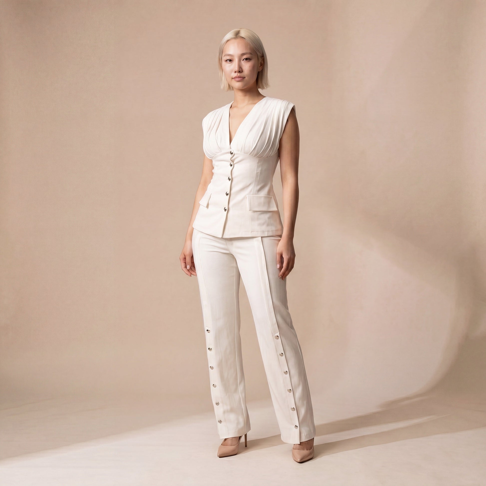 Sunoire 2 pieces outfit deep v neck sleeveless ruched button front flap detail backless cinched waist top and button decor seam front wide leg pants set three quarter 01